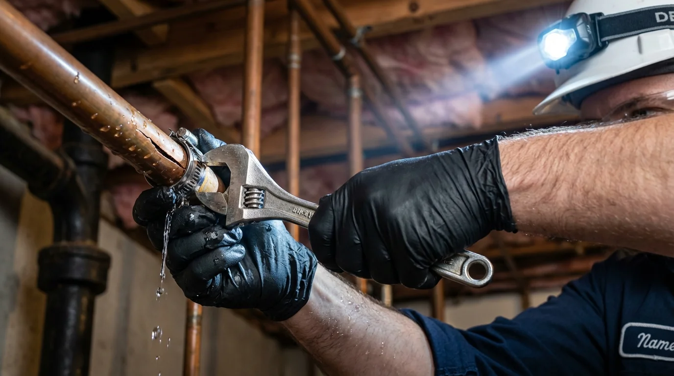Emergency pipe clamp repair being performed by a Johns Plumbing LLC plumber in High Ridge