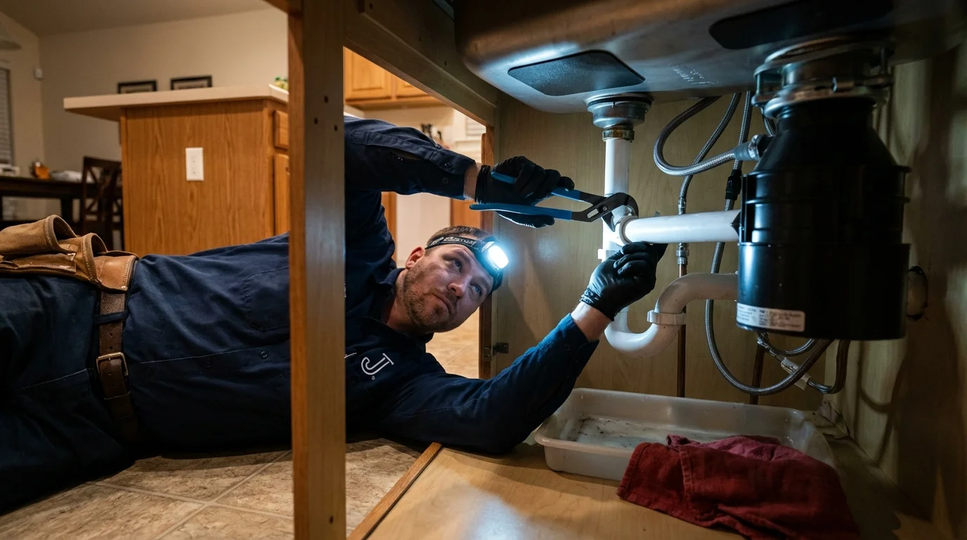 P-trap and supply line connections under a kitchen sink showing a common leak point in High Ridge, MO